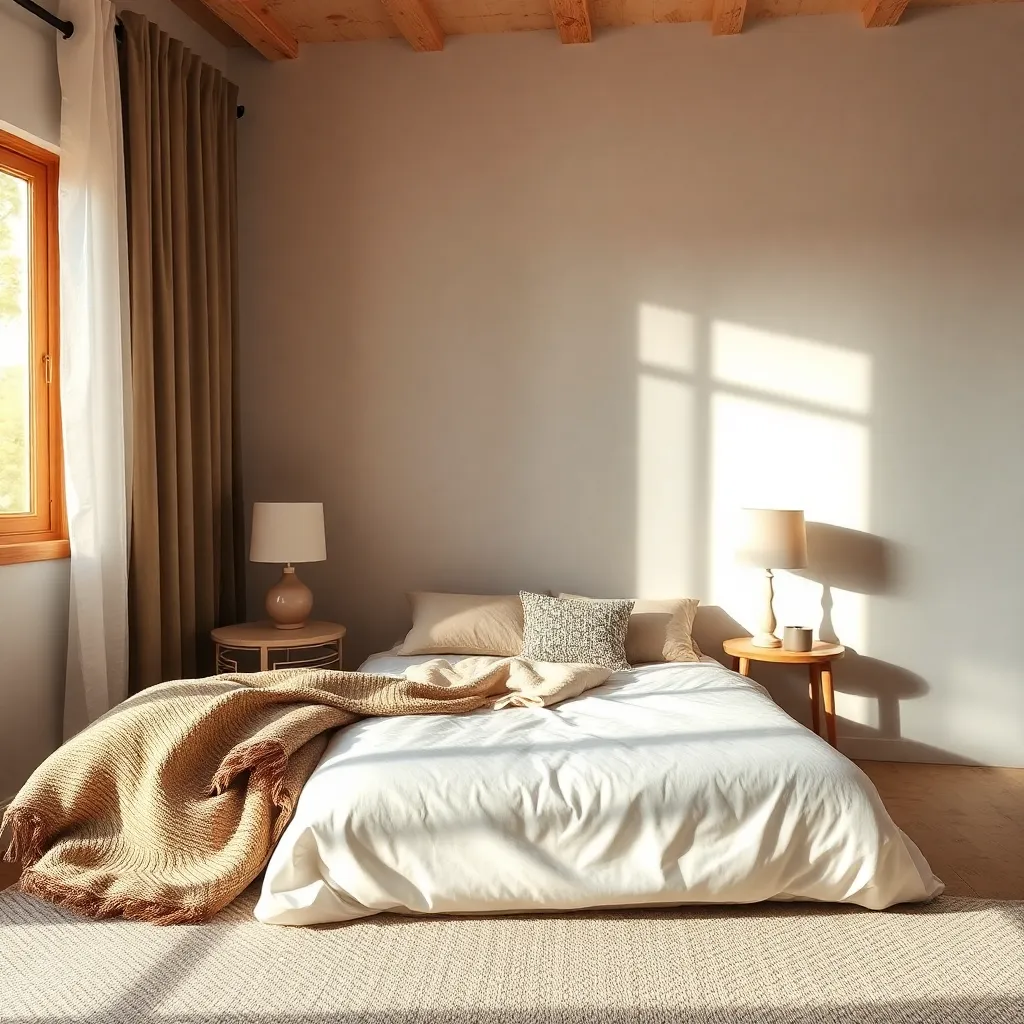 Cozy bedroom with bed positioned to face south direction, soft lighting and calm decor
