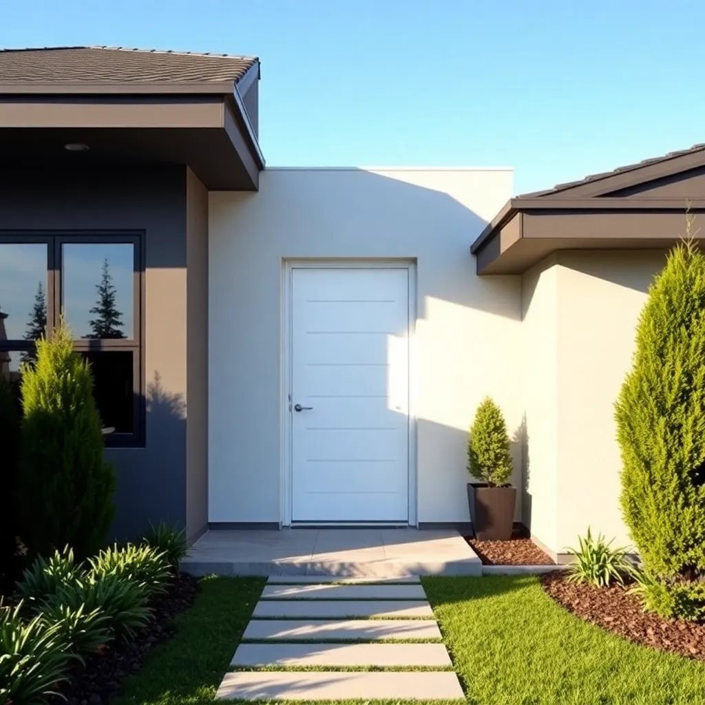 Modern house main entrance door with bright sunlight from east side and clean pathway