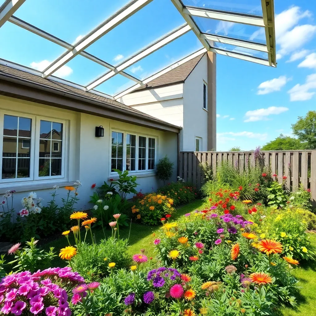 Beautiful garden with flowering plants in northeast corner of a house with open sky