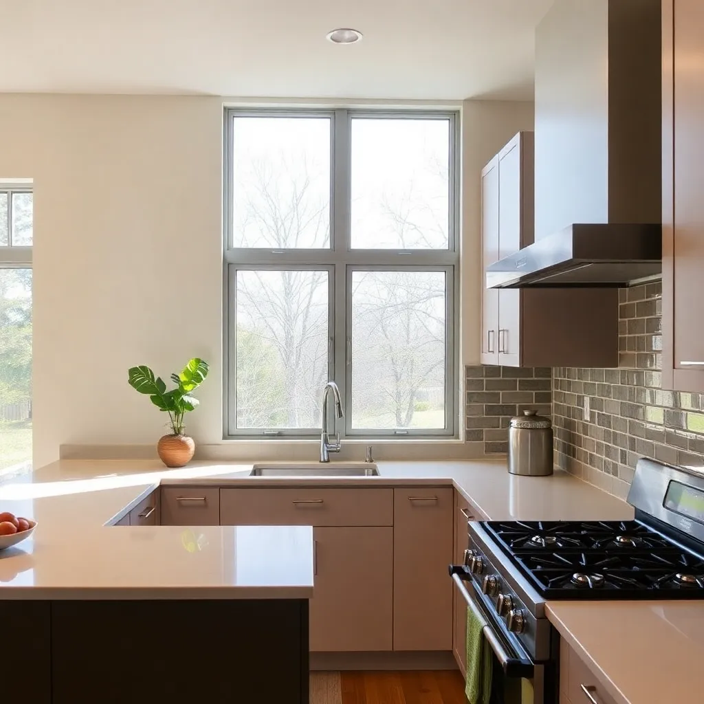 Modern kitchen with stove placed in southeast corner and bright east-facing window