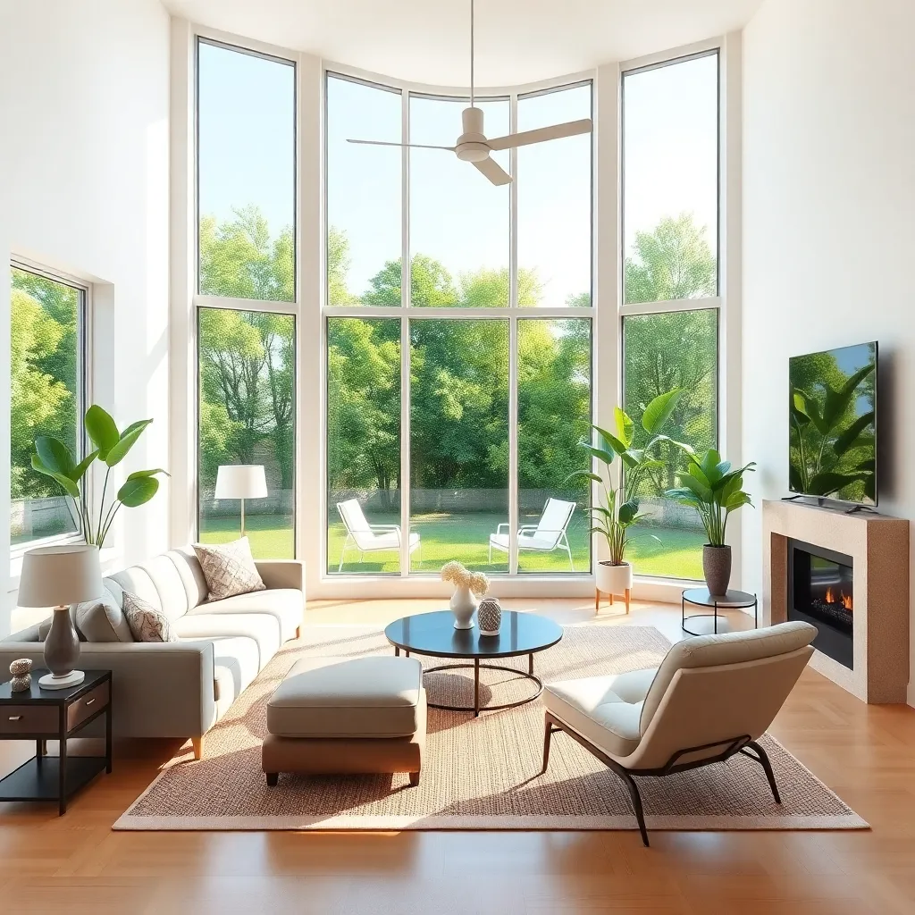 Bright and airy living room with large windows facing east and modern furniture
