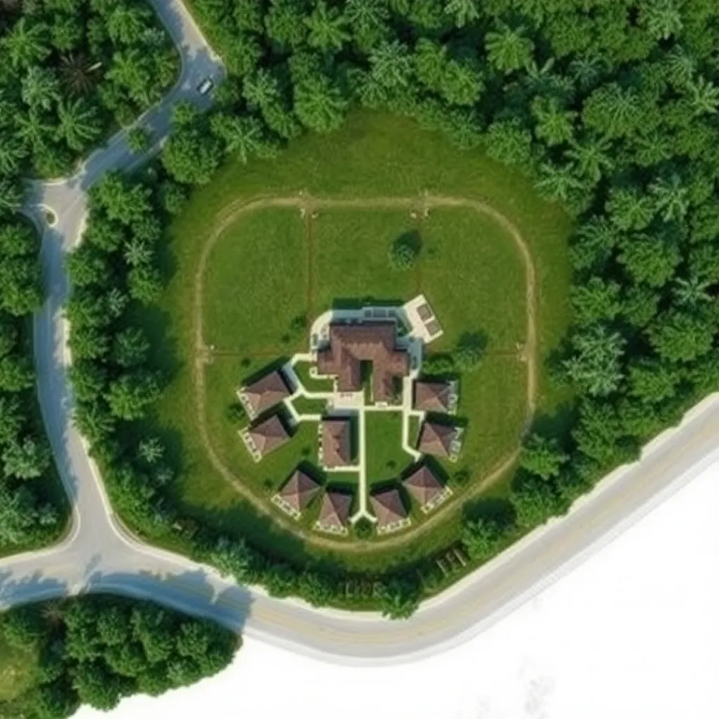 Aerial view of a square-shaped residential plot with north-east orientation surrounded by greenery and roads