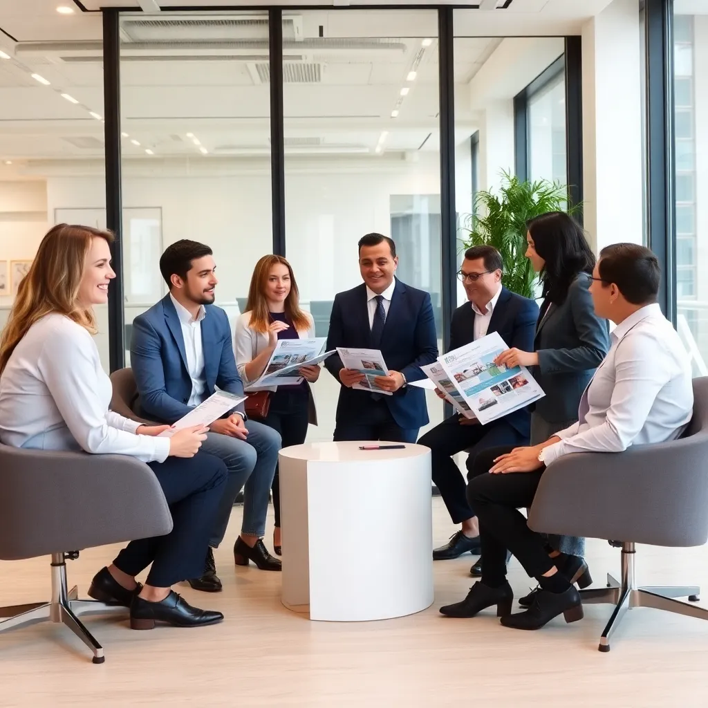 Professional real estate team meeting in a modern office discussing property listings