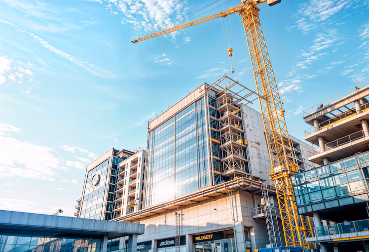 Commercial construction site with cranes and buildings with btechmart property