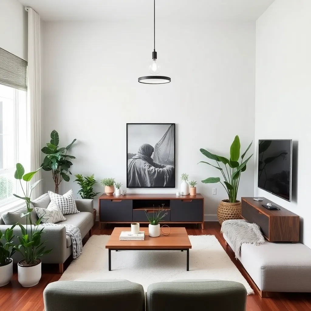 Modern living room with plants and decor, featuring a sofa, table, and hanging light