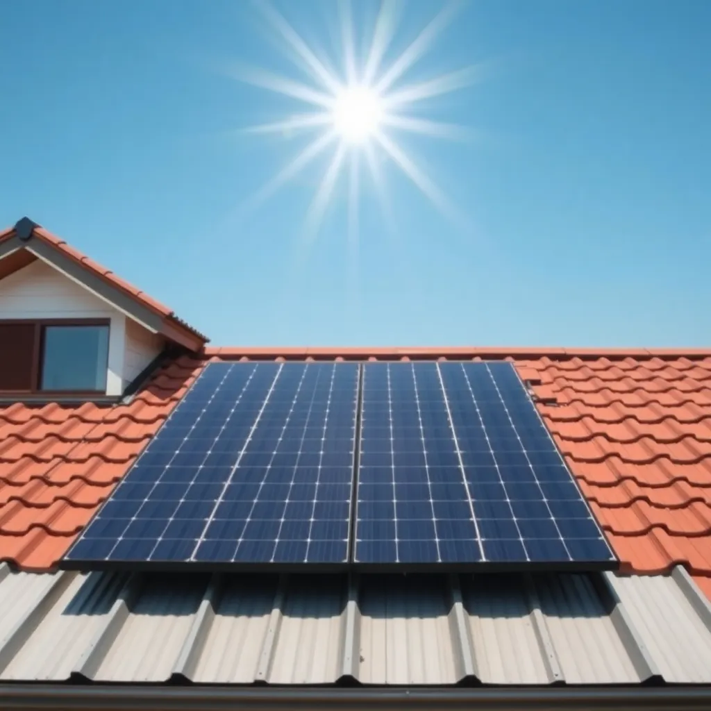 Solar panels on rooftop of house with sunlight shining