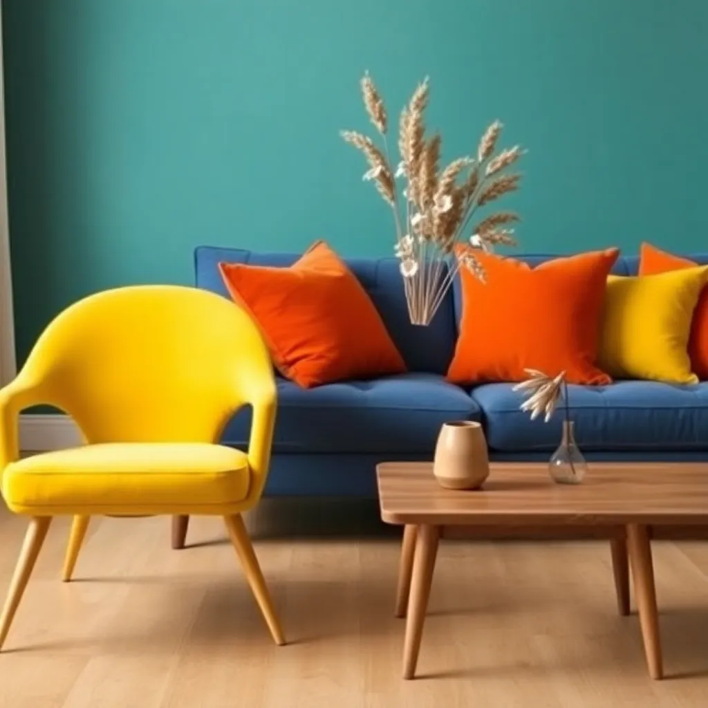 Living room with yellow chair, blue sofa with orange and yellow pillows, wooden table with vase and dried flowers, teal wall background