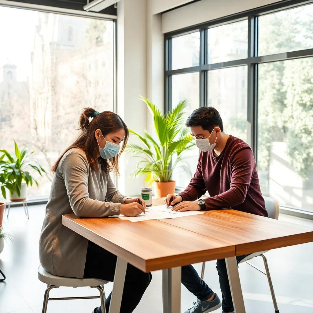 Two people wearing masks working at a table in a bright room with large window and plants