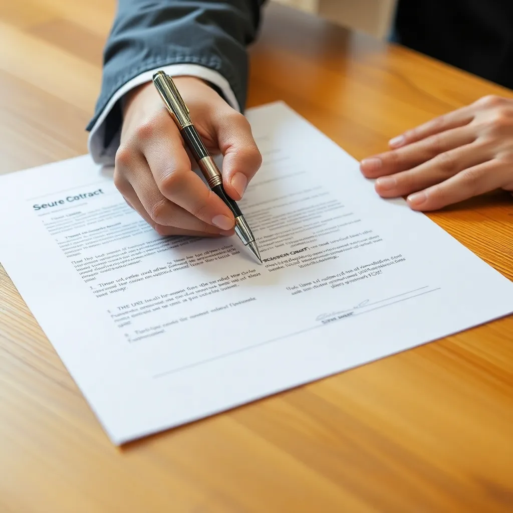 Secure contract signing with pen and document on wooden table