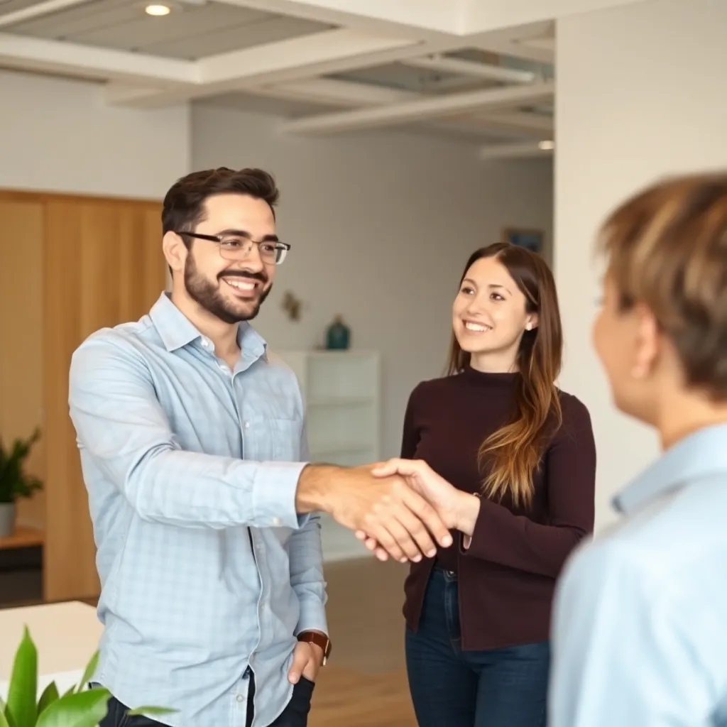 Friendly real estate agent shaking hands with client in office