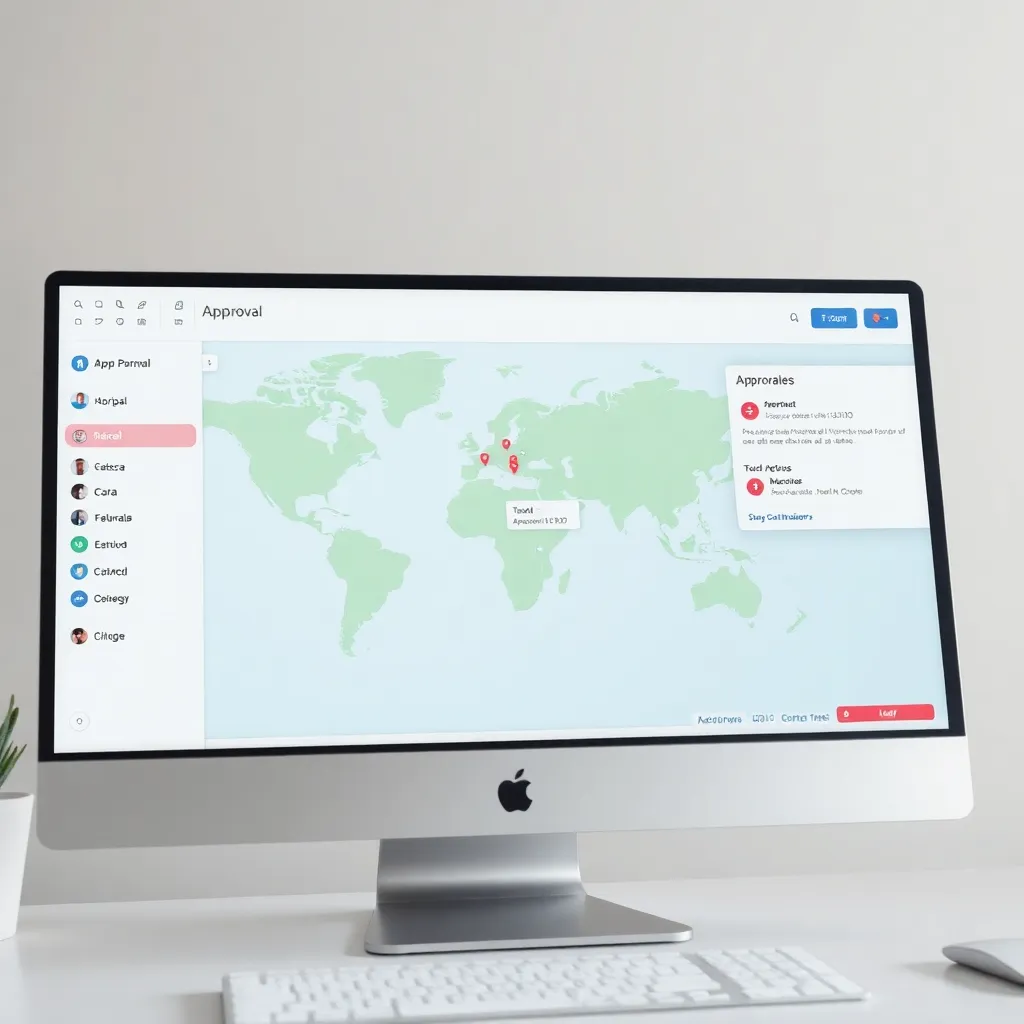 User interface showing a map approval system with team collaboration and approval workflow on a computer screen