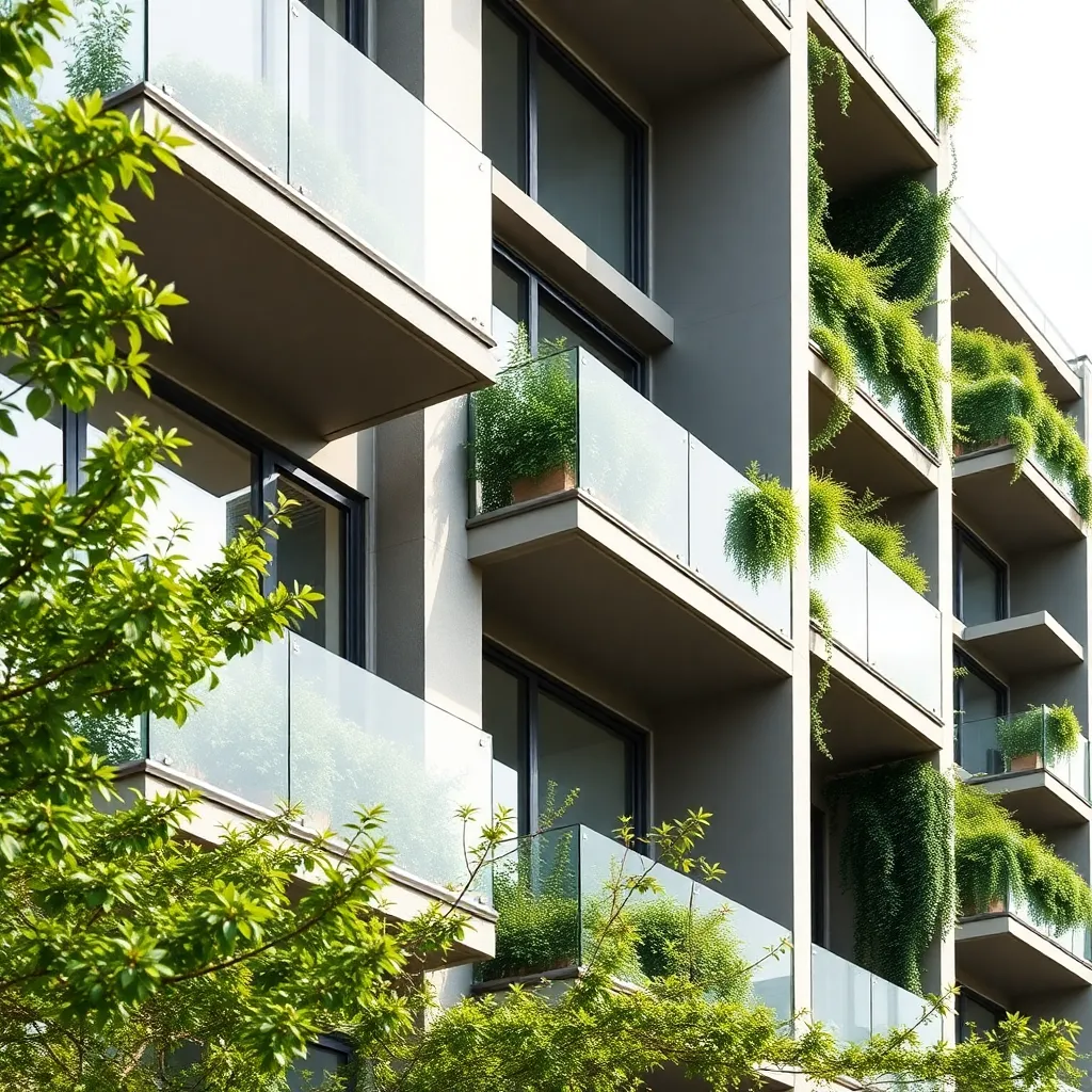 Modern apartment building with glass balconies and greenery