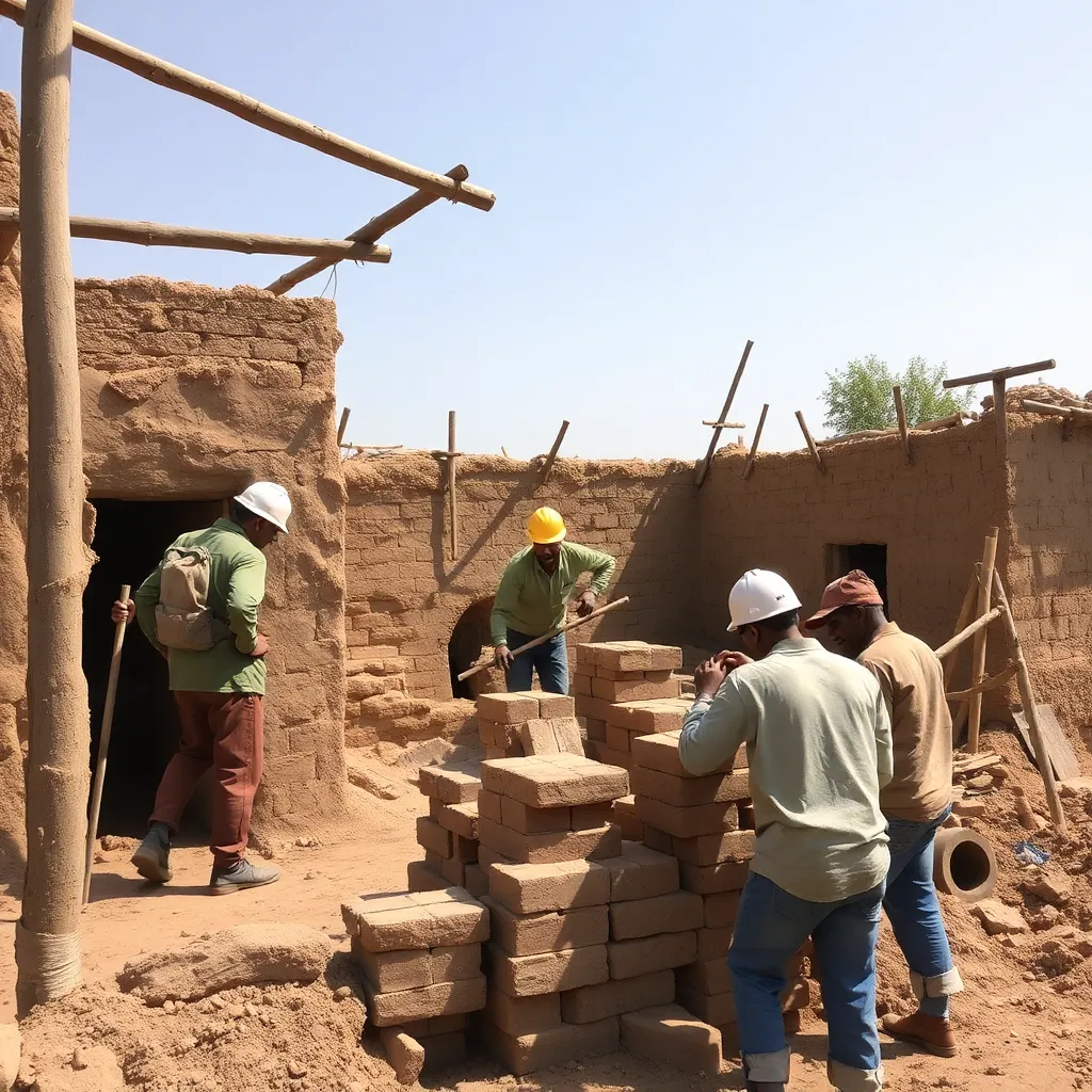 Team of mud house builders working together on a construction site with mud bricks and wooden scaffolding