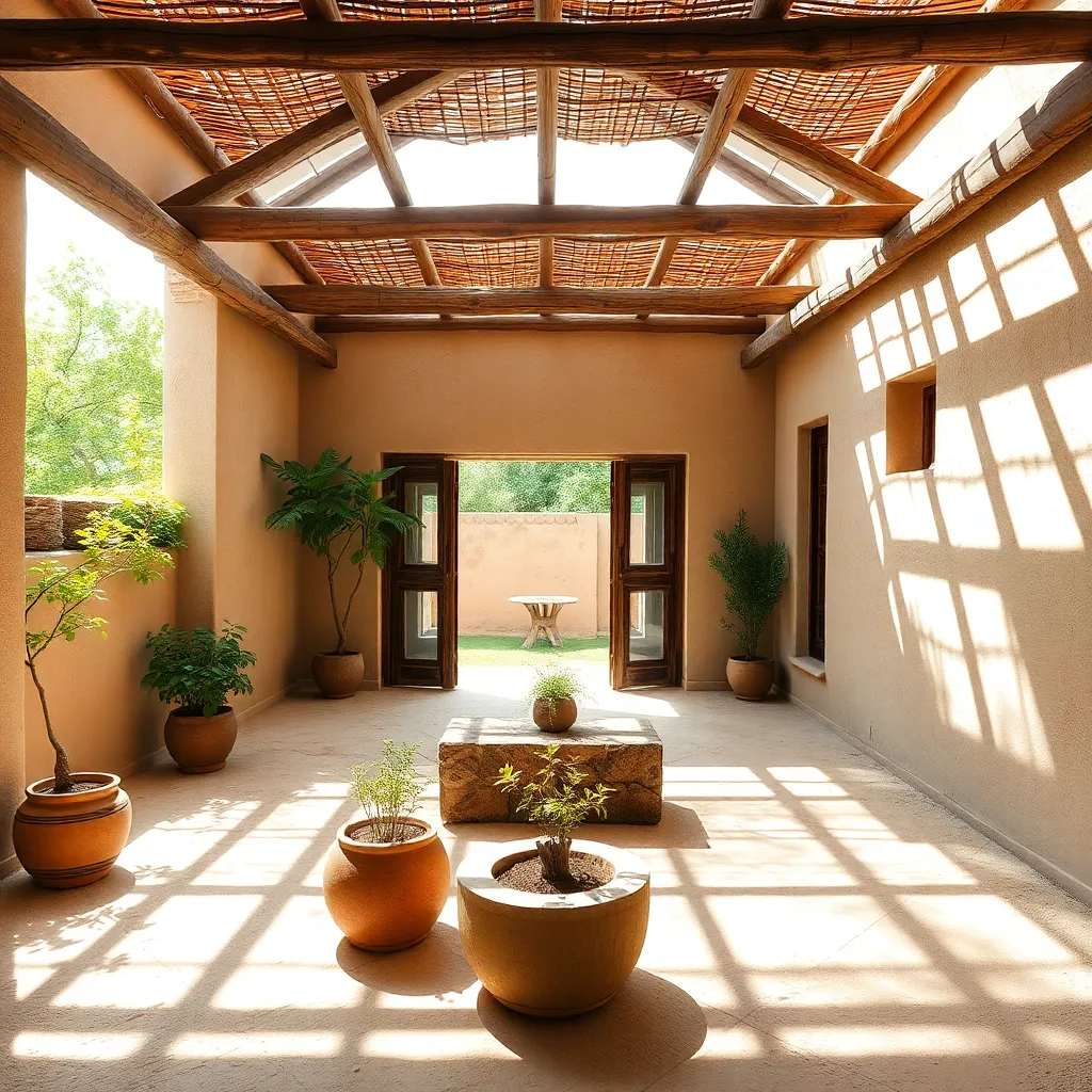 Mud house with open courtyard, natural light flooding in, and wooden pergola