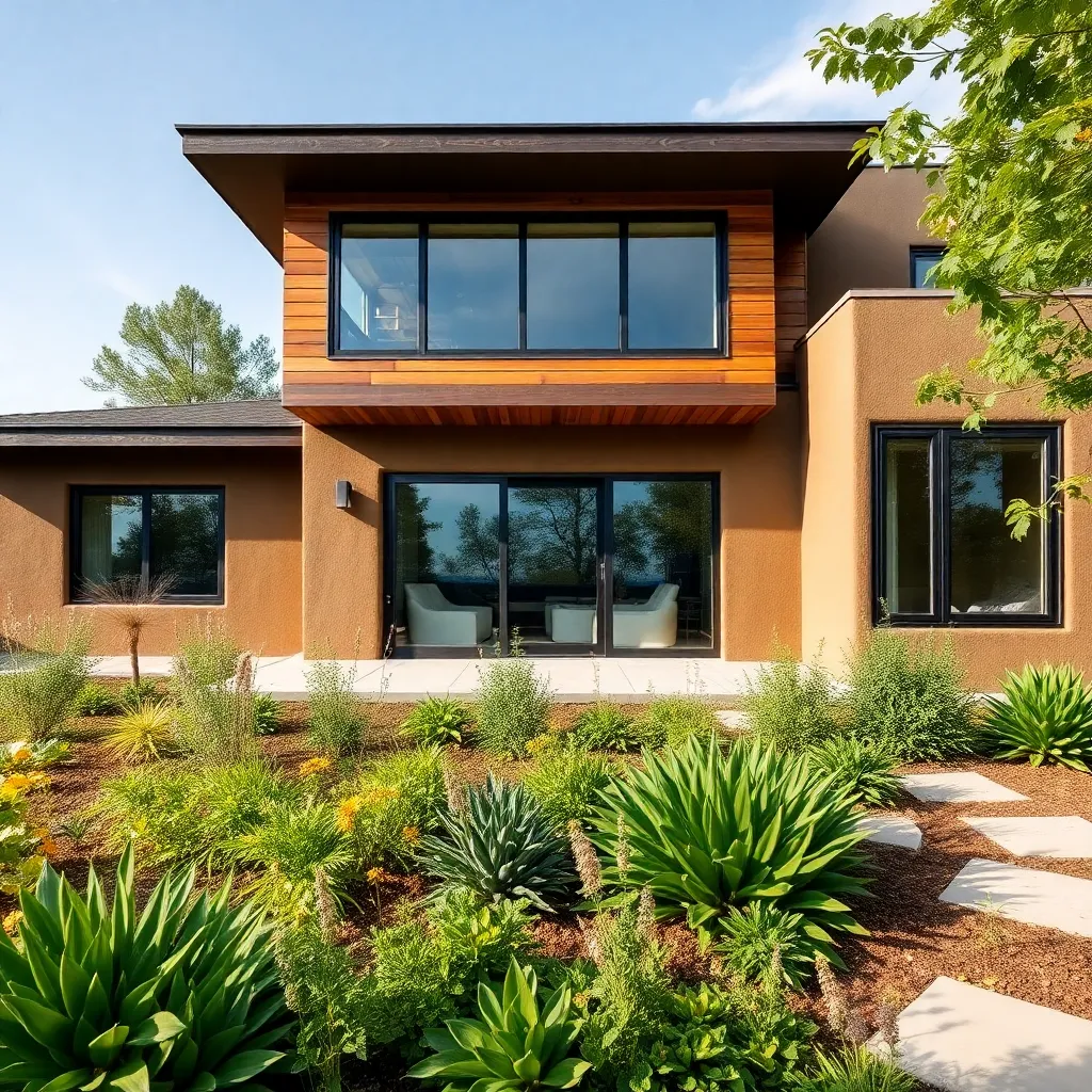 Modern mud house with large windows, wooden accents, and lush garden in front