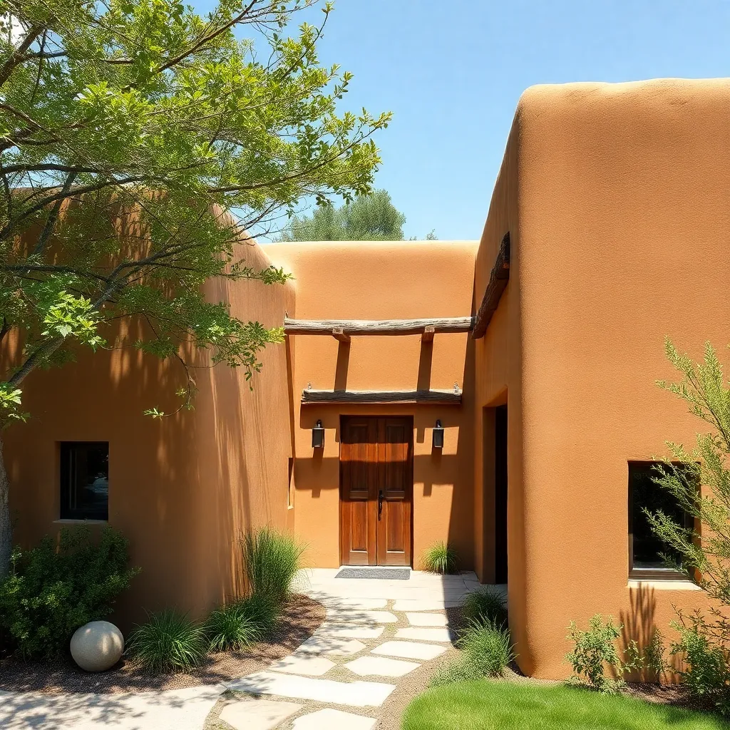 Modern mud house exterior with natural mud walls, wooden beams, and greenery around, sunny day