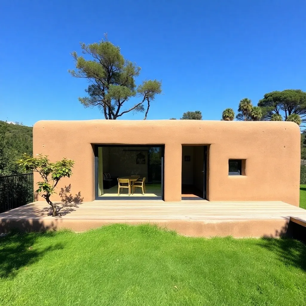 Minimalist mud house with wooden deck, simple lines, and green surroundings