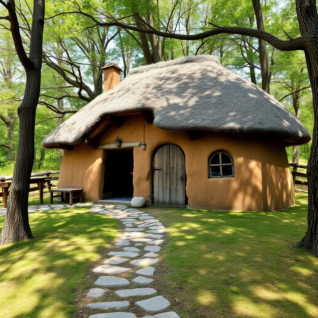 Cozy mud house with thatched roof, surrounded by trees and a stone pathway