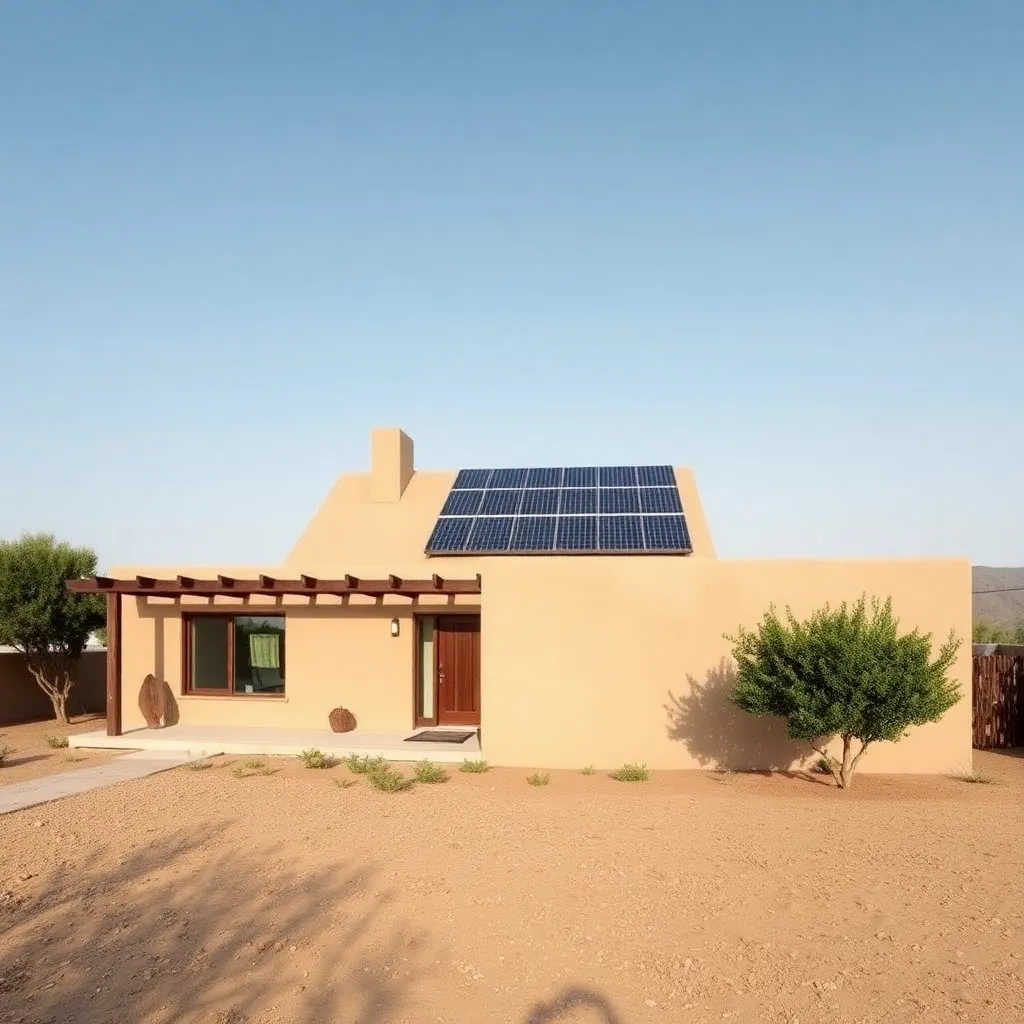 Contemporary mud house with solar panels on roof and minimalist landscaping