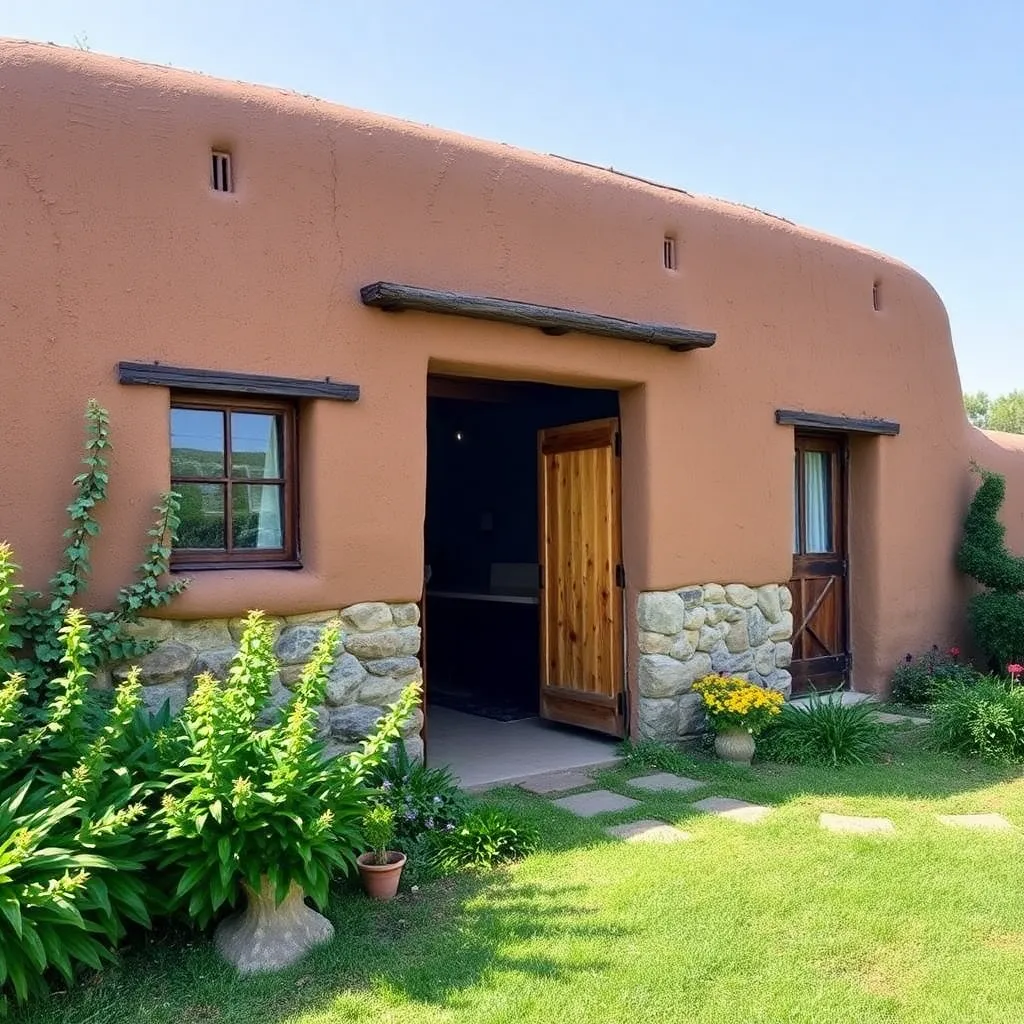 Mud house with natural stone foundation, wooden doors, and lush garden