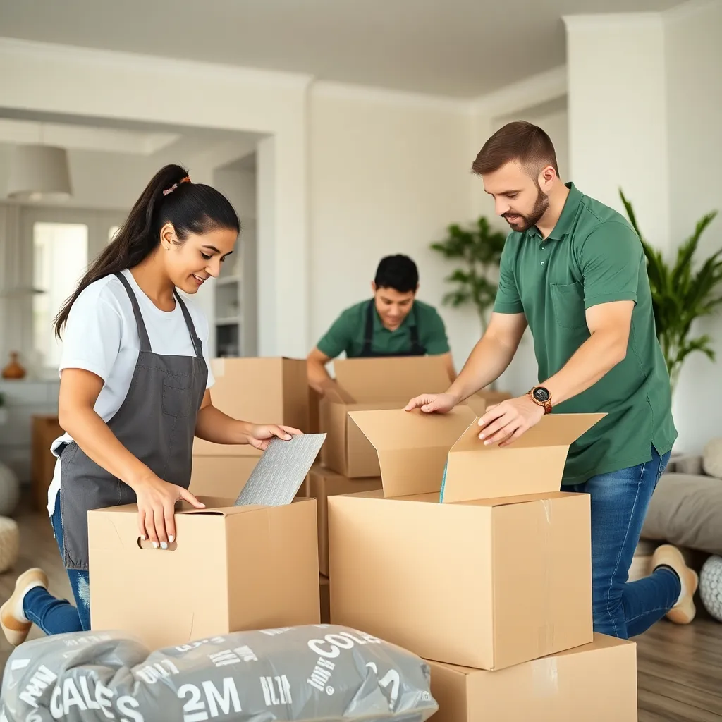 Professional packer and movers team carefully packing boxes with bubble wrap and tape in a modern home