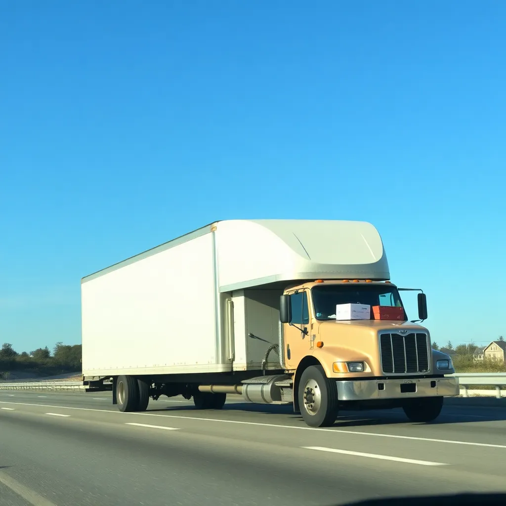 Large moving truck transporting household goods on a highway with a clear blue sky