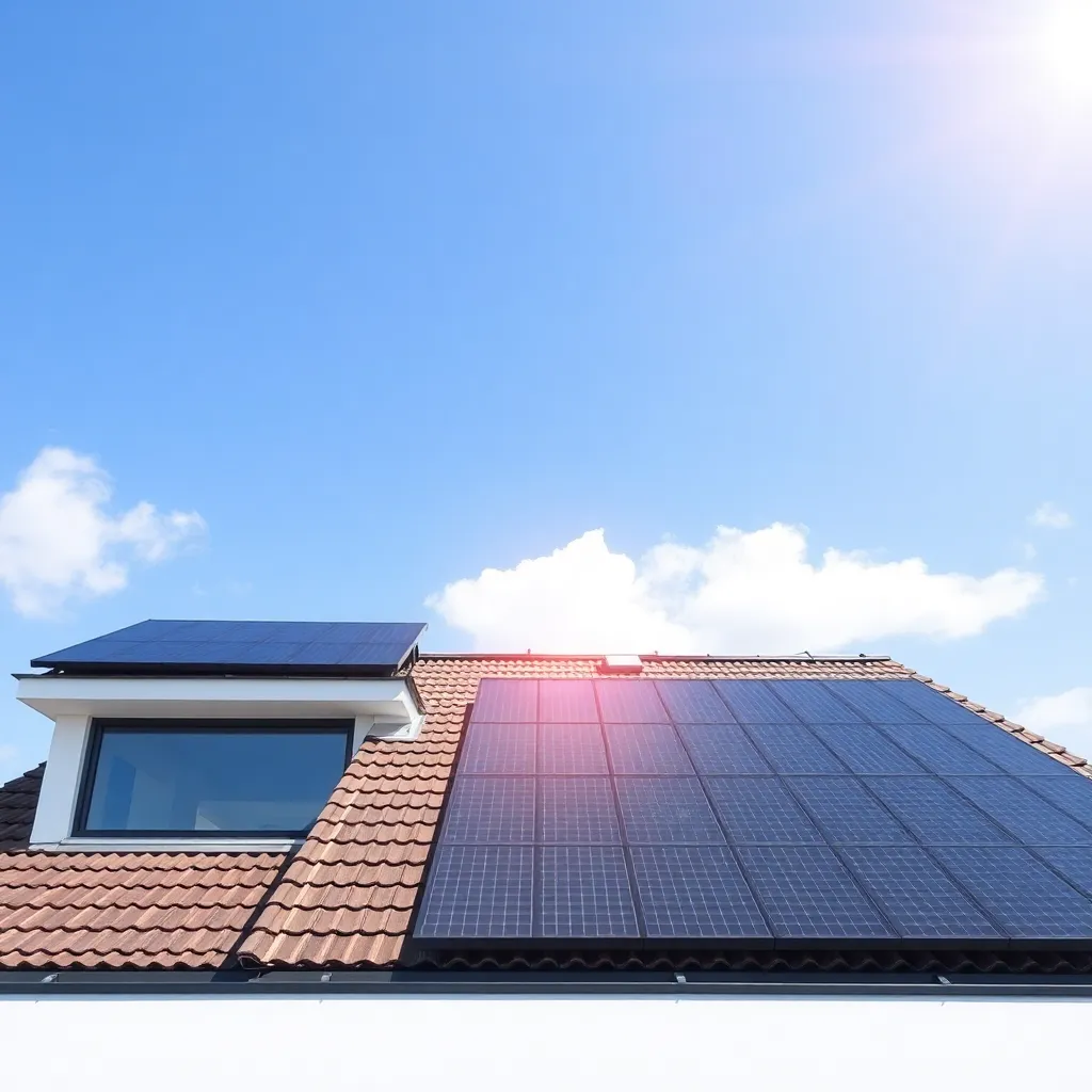 Modern house rooftop with solar panels under bright sunny sky