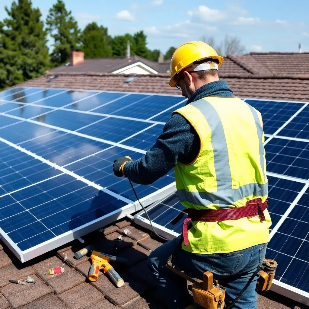 Technician installing solar panels on a residential rooftop with tools and safety gear