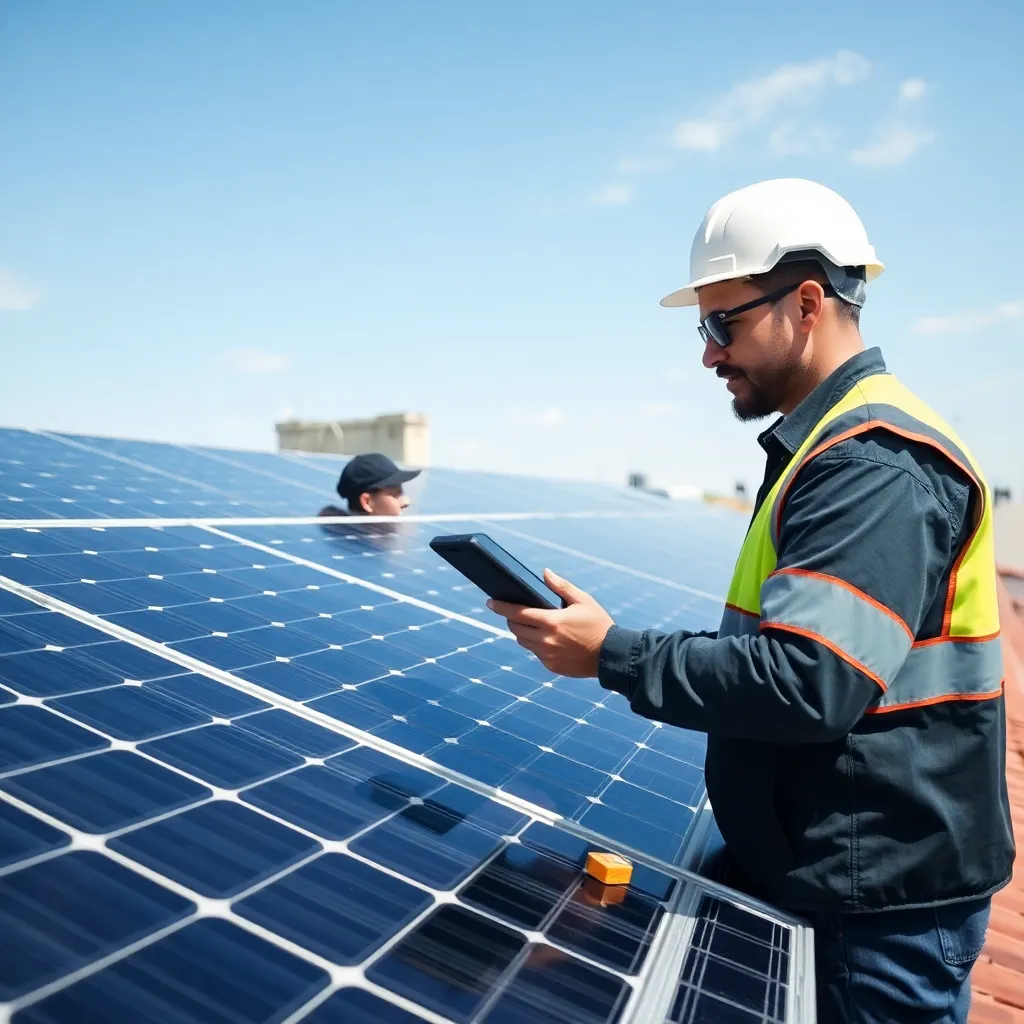 Engineer inspecting solar panels on rooftop using a tablet device for diagnostics