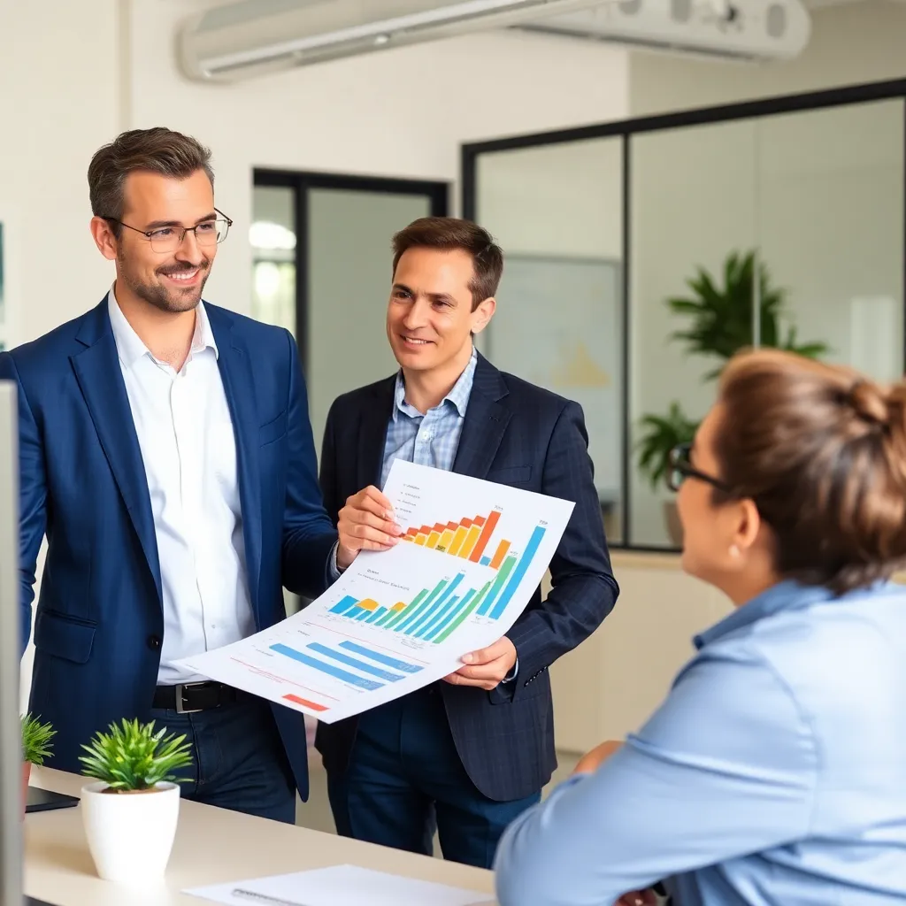 Consultant showing energy efficiency charts and solar benefits to a client in office