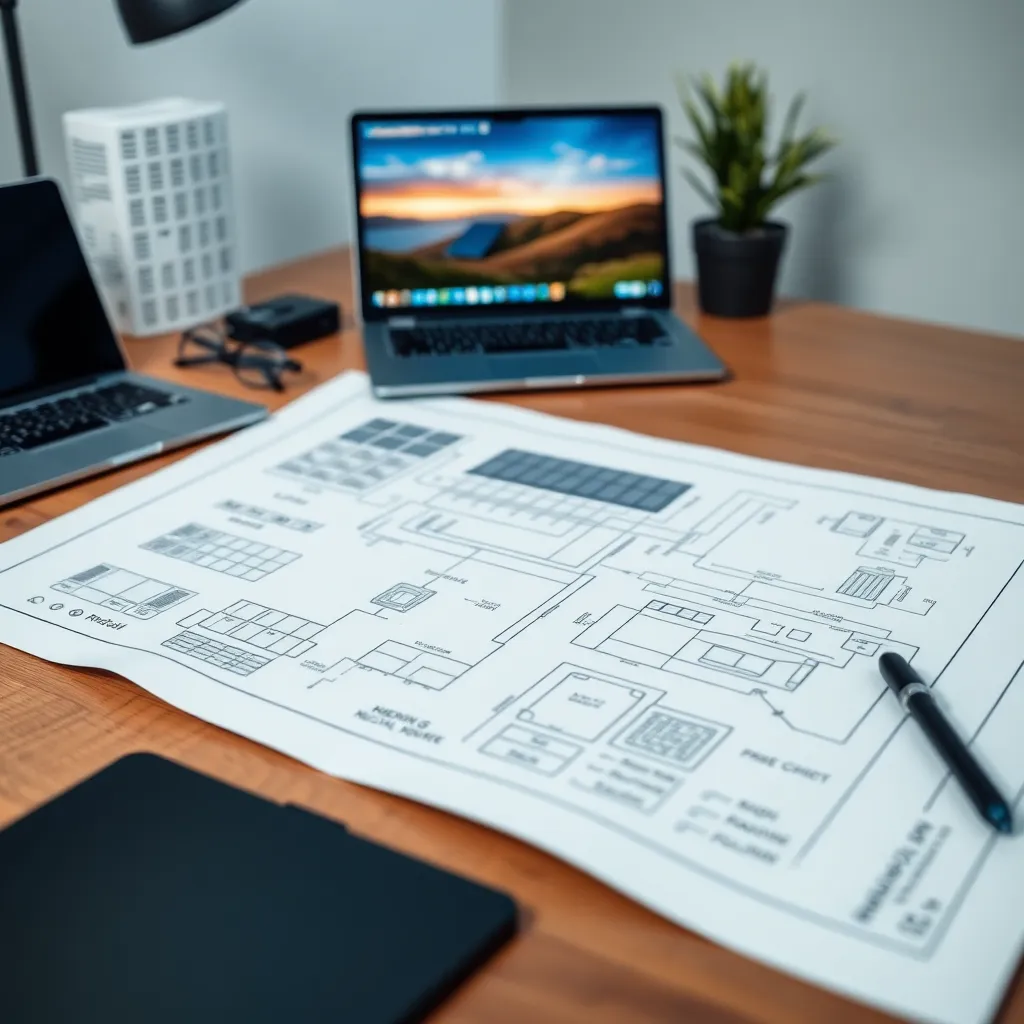 Blueprint and design plans for custom solar rooftop system on a desk with laptop