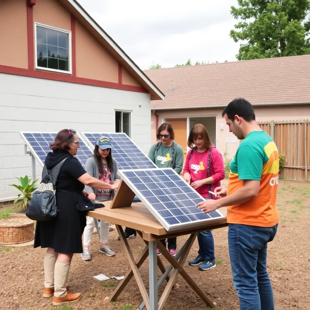 Community workshop with people learning about solar energy and green technology